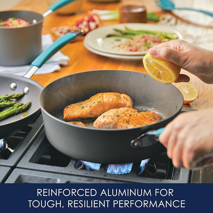 Rachael Ray Cucina Dishwasher-Safe Hard-Anodized Pots and Pans Set Non Stick Cookware, 12 Piece, Gray with Agave Blue Handles
