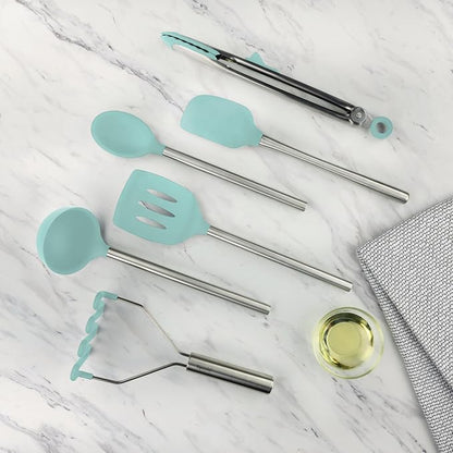 Tovolo Silicone Cooking Utensil Set of 6 Stainless Steel Handle Ladle Slotted Turner Tongs Flex Core Spatula Scraper Mixing Spoon & Masher, Dishwasher Safe BPA Free Utensils, Aqua Seafoam Green