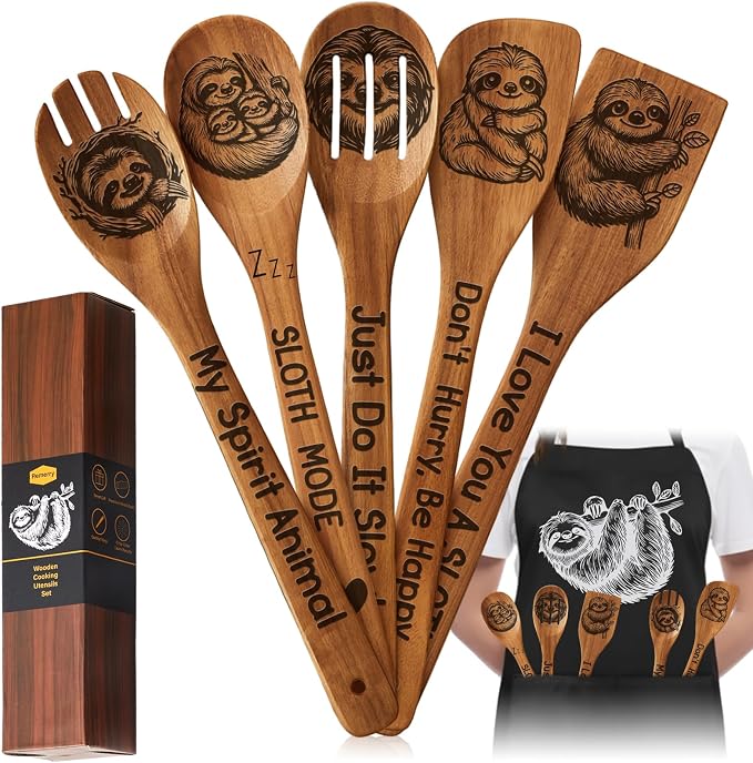 Remerry 6 Pcs Sloth Gifts for Women Sloths Kitchen Gift Set with Acacia Cooking Spoons Apron Christmas Kitchen Cooking Utensils Set for Christmas Mother's Day Housewarming Gift
