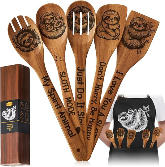 Remerry 6 Pcs Sloth Gifts for Women Sloths Kitchen Gift Set with Acacia Cooking Spoons Apron Christmas Kitchen Cooking Utensils Set for Christmas Mother's Day Housewarming Gift