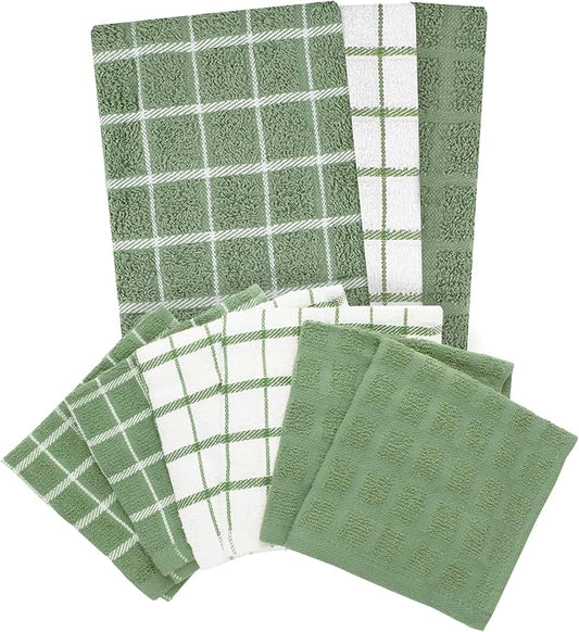 Ritz Premium 3-Pack Kitchen Towel & 6-Pack Dish Cloth Set - Highly Absorbent, Super Soft, Long-Lasting, 100% Cotton Terry Drying Cleaning Cloths, Juniper