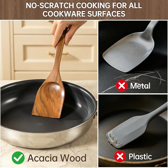 Wooden Utensil Set 12 PCS - Natural Non-Toxic Acacia Wooden Spoons for Cooking, Nonstick, Sturdy, Easy to Clean, Wood Kitchen Utensils Set with Holder, Spoon Rest & 6 Hooks, Ideal for Gifting