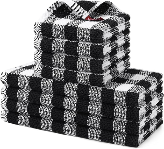 Homaxy Kitchen Towels and Dishcloths Set, 12" x 12" and 13" x 28", Set of 8 Bulk Cotton Waffle Weave Dish Towels, Super Soft Absorbent Hand Towels for Kitchen, Black & White