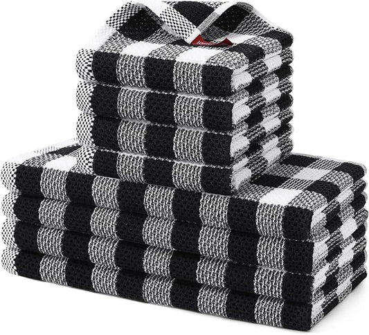 Homaxy Kitchen Towels and Dishcloths Set, 12" x 12" and 13" x 28", Set of 8 Bulk Cotton Waffle Weave Dish Towels, Super Soft Absorbent Hand Towels for Kitchen, Black & White