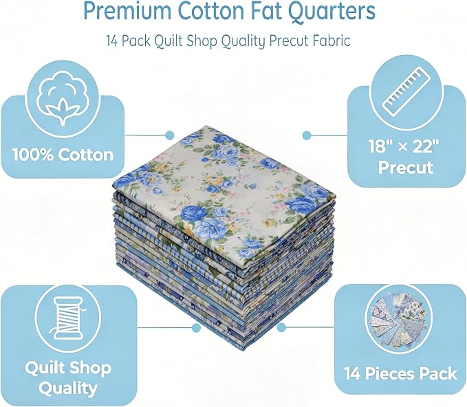 Nodsaw 14 pcs Blue Vintage Floral Printed Cotton Fat Quarters Fabric Bundles Pre-Cut 18" x 22" for Quilting, Sewing, Bags, and Crafts, Upholstery Quilt Fabric Squares for Quilting (Blue)
