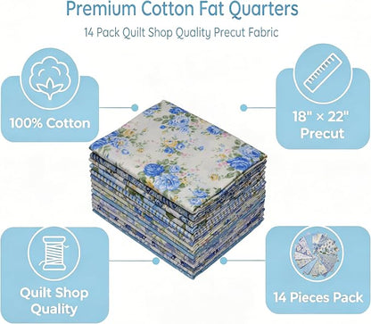Nodsaw 14 pcs Blue Vintage Floral Printed Cotton Fat Quarters Fabric Bundles Pre-Cut 18" x 22" for Quilting, Sewing, Bags, and Crafts, Upholstery Quilt Fabric Squares for Quilting (Blue)