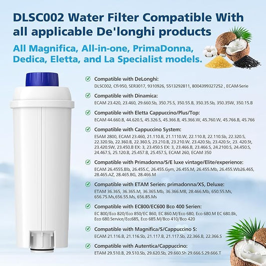 DLSC002 Water Filter Replacement Compatible With Delonghi Coffee Machine Filter Activated Carbon Softener For De'longhi Magnifica evo, Dinamica, Eletta, ECAM, ESAM, ETAM, Bco410/420, Ec680/800, 6 Pack