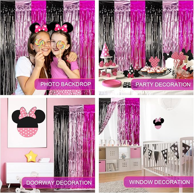 LOLStar 5 Pack Cartoon Mouse Birthday Party Supplies,3.3x6.6 ft Black Pink Fuchsia Tinsel Foil Fringe Curtains,Cartoon Mouse Photo Booth Prop Streamer Backdrop,Party Decoration for Girls Babies