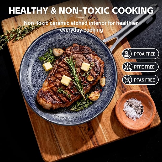 Ammeloo Hybrid Tri-Ply Stainless Steel Frying Pans Set, 8"/9.5"/11" Cooking Pans, Non Stick Frying Pans and Skillets, Chef Pan, Non Toxic, Dishwasher Safe, Induction Compatible, Blue Interior