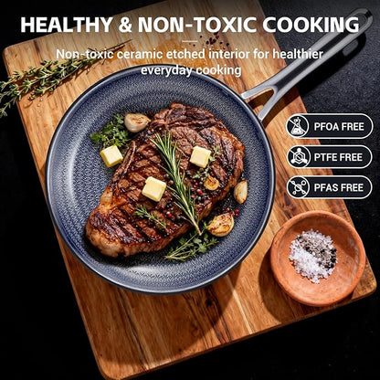 Ammeloo Hybrid Tri-Ply Stainless Steel Frying Pans Set, 8"/9.5"/11" Cooking Pans, Non Stick Frying Pans and Skillets, Chef Pan, Non Toxic, Dishwasher Safe, Induction Compatible, Blue Interior