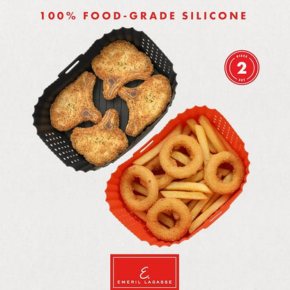 Reusable Silicone Air Fryer Liners for Emeril Lagasse Air Fryer Oven – Non-Stick Reusable Air Fryer Basket Liners – Dishwasher Safe – 9 x 7 x 3 Inch – 2 Pack – Black/Gray