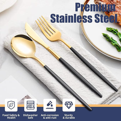 40 Piece Black Gold Silverware Set,Stainless Steel Flatware Cutlery Set Service for 8 Including Forks Spoons Knives,Kitchen Utensil Set,Tableware for Home and Restaurant, Dishwasher Safe