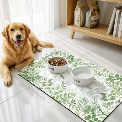 LOKHOM Dish Drying Mat for Kitchen Counter, 17"x32" Absorbent Mat with Green Plant & Butterfly Pattern, Drain Rack Mat for Counter Coffee Maker, Dining Room Decor