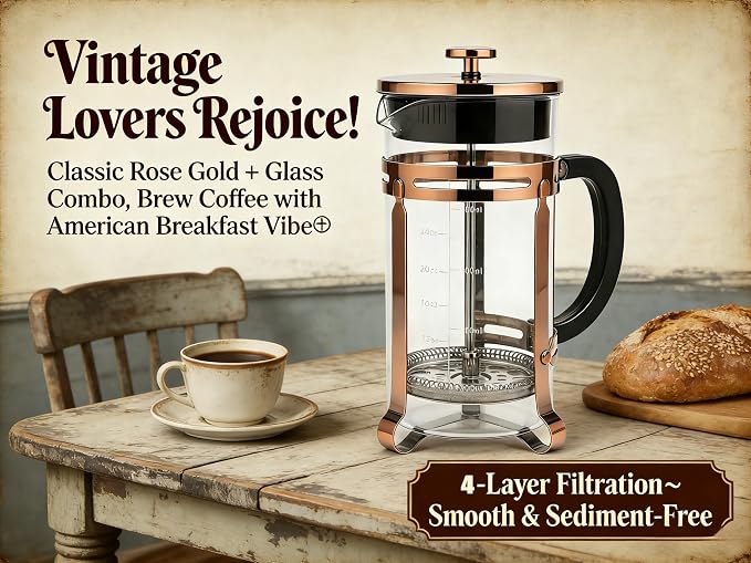 34oz French Press Coffee Maker, Thickened Borosilicate Glass & 304 Stainless Steel Double Mesh Filter. Cold Brew & Tea Brewer for Travel Camping, Kitchen Decor, Bar Accessories Gift (Copper)