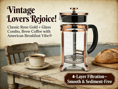 34oz French Press Coffee Maker, Thickened Borosilicate Glass & 304 Stainless Steel Double Mesh Filter. Cold Brew & Tea Brewer for Travel Camping, Kitchen Decor, Bar Accessories Gift (Copper)