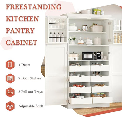 VilroCaz Freestanding Kitchen Pantry Tall Storage Cabinet, Wooden Kitchen Organizers with 4 Doors, 2 Door Shelves, 8 Pull-Out Trays and Adjustable Shelf for Dining Room Living Room (White-8.5)