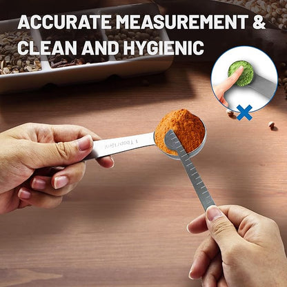 Two hands holding measuring spoons with text about accurate measurement and hygiene.