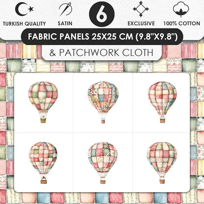 Patchwork Hot Air Balloon Cotton Fabric Panel – 6 Designs (10×10 inch Each) + Bonus Sheet 29.5×19.6 inch, 100% Cotton 140 GSM, Made in Türkiye