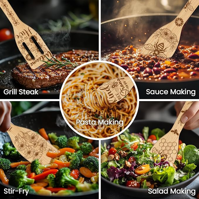 CUTHOLLOW 6PCS Bee Flower Wooden Kitchen Cooking Utensil Set, 11.9in Non Toxic Bamboo Wood Spoon Set for Cooking, Best Housewarming Birthday Thanksgiving Christmas Gift for Women Mother
