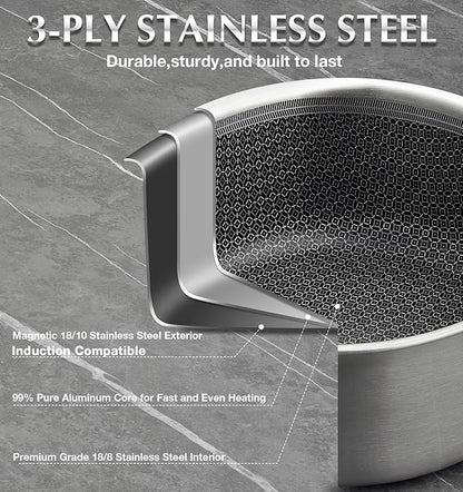 KOCH SYSTEME CS Hybrid Nonstick Stainless Steel Saucepan Set, 1QT & 2QT Triply Stainless Steel Saucepan Set with Hybrid Nonstick Honeycomb Interior, 4-Piece Sauce Pans, Induction Steel Pot Set