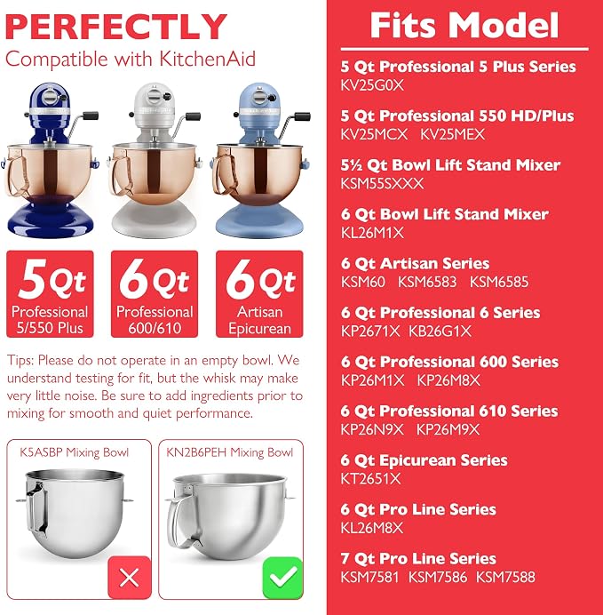 Stainless Steel Mixer Bowl and KN256 Whisk for Kitchenaid 6-7 Qt Bowl Lift Stand Mixer, Fit for KP26, KL26, KSM55/60/70 Ergonomic Handle, Polishesd Surface, Heavy Duty, with Scraper, Dishwasher Safe