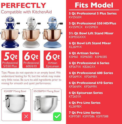 Stainless Steel Mixer Bowl and KN256 Whisk for Kitchenaid 6-7 Qt Bowl Lift Stand Mixer, Fit for KP26, KL26, KSM55/60/70 Ergonomic Handle, Polishesd Surface, Heavy Duty, with Scraper, Dishwasher Safe