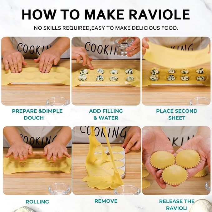 Ravioli Maker Press, Ravioli Press Mold Set - Round Ravioli Stamp Maker Cutter with Wood Rolling Pin, 2.6" Empanada Maker Press Kit and Ravioli Wheel, Makes 8 Ravioli