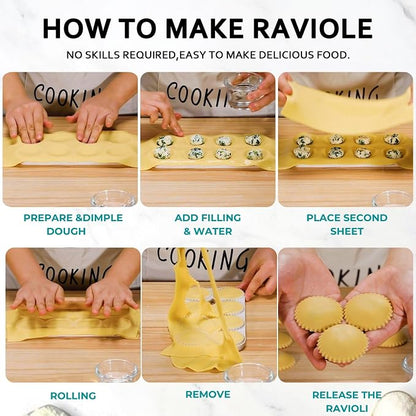Ravioli Maker Press, Ravioli Press Mold Set - Round Ravioli Stamp Maker Cutter with Wood Rolling Pin, 2.6" Empanada Maker Press Kit and Ravioli Wheel, Makes 8 Ravioli