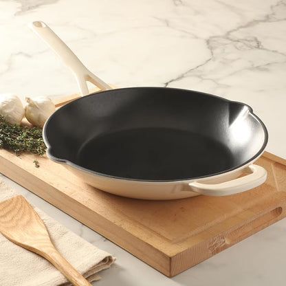 Martha Stewart Gatwick 12” Enameled Cast Iron Skillet, PFAS-Free, Linen White Exterior with Matte Black Enamel Interior, Rust Resistant, Oven Safe