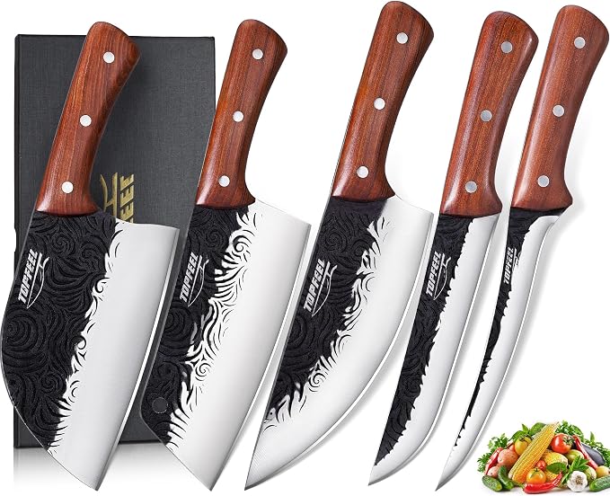 Topfeel Butcher Knife Set 5PCS, Hand Forged Kitchen Knives Set Serbian Chef Knife Set, Meat Cleaver Boning Carving Knives Set for Home、Camping、BBQ
