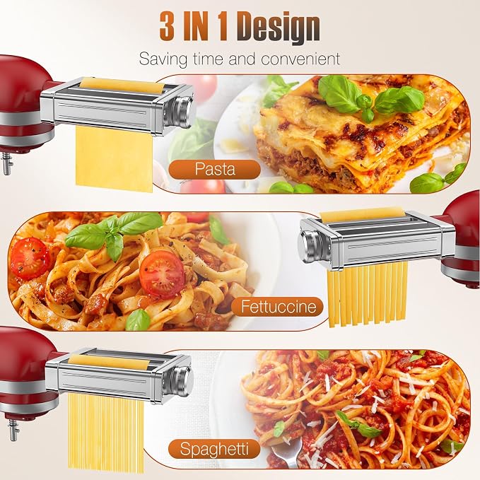 Pasta Attachment for KitchenAid Stand Mixer,3 in 1 Pasta Maker,All Stainless Steel,Included Pasta Roller, Spaghetti and Fettuccine Cutter Accessories, with 8 Thickness Settings by Fedowal | without Switching Attachments,Saving Time, Easy to Cut The Dou...