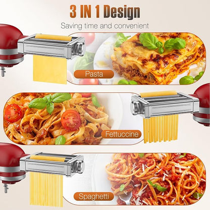 Pasta Attachment for KitchenAid Stand Mixer,3 in 1 Pasta Maker,All Stainless Steel,Included Pasta Roller, Spaghetti and Fettuccine Cutter Accessories, with 8 Thickness Settings by Fedowal | without Switching Attachments,Saving Time, Easy to Cut The Dou...