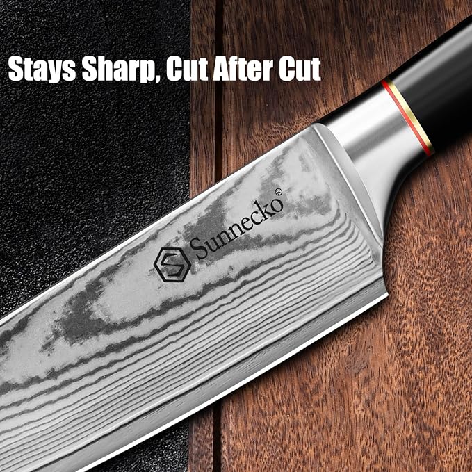 Sunnecko 8 Inch Chef Knife, Japanese Damascus VG10 Professional Kitchen Blade for Meat Vegetable Slicing, Ultra Sharp Cooking Tool with Manual Sharpener & Gift Box Packaging, Multi-purpose Chefs Knife