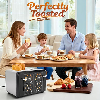 PULZO 4 Slice Toaster Wide Slot, LED Display, Dual Independent Control Panel, 6 Bread Modes, Defrost, Reheat & Timer, Digital Toasters for Bagel Muffin Waffle Gluten Free Breads