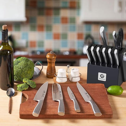 imarku Knife Block Set, 14Pcs High Carbon Stainless Steel Knife Set with Block, Kitchen Knife Set Black, Dishwasher Safe, Build-in Sharpener, Gifts for Men