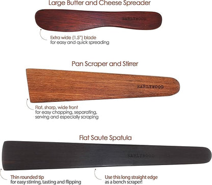 3-Piece Wooden Kitchen Cooking Utensil Set - Comes w/a Thin Wood Spatula Flipper, Cast Iron Scraper, Stirrer and Butter Turner/Cheese Spreader - Wooden Utensils Set - Made in USA-EJB