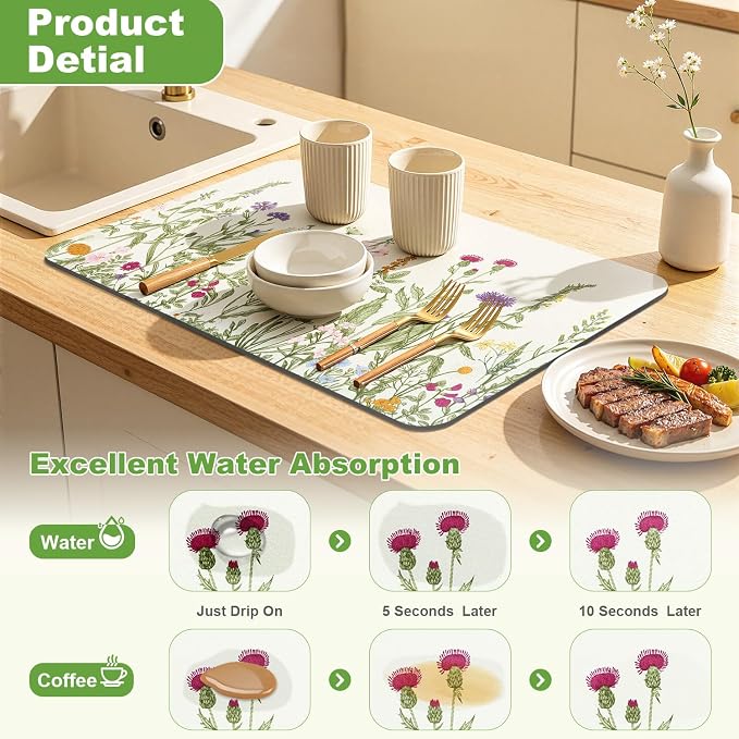 LOKHOM Dish Drying Mat for Kitchen Counter, 12"x20" Absorbent Coffee Bar Mat with Spring Summer Herb Plant, Wildflower Floral Dish Drainer Rack Mat for Kitchen Counter