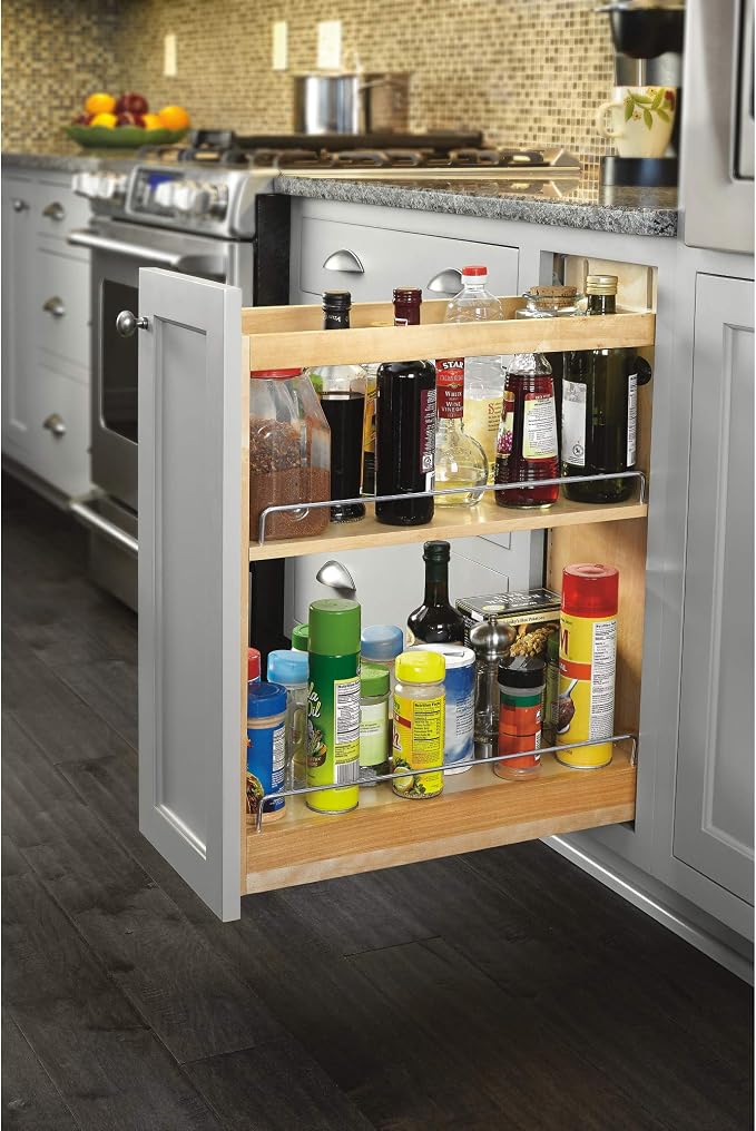 Rev-A-Shelf Maple Pullout Organizer w/Blum Soft-Close for Base Cabinets, Full Extension Slides & Adjustable Shelves, Min Opening Width of 5.5", 448-BCSC-5C