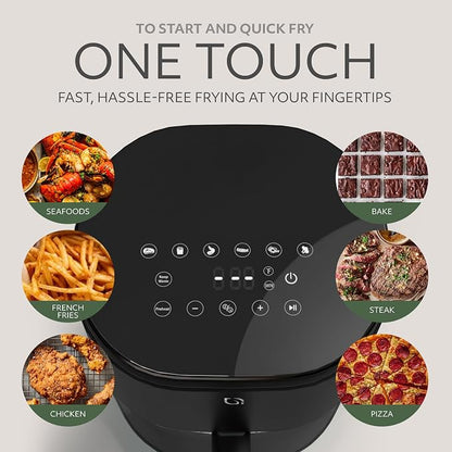 WILLOW Eco Series 6 in 1 Air Fryer with Glass Basket, 5 Quart Non Toxic Glass Air Fryer w Digital Display, 430°F Max Temp, Preheat & Keep Warm Function, Compact + Dishwasher Safe Airfryer -BLACK