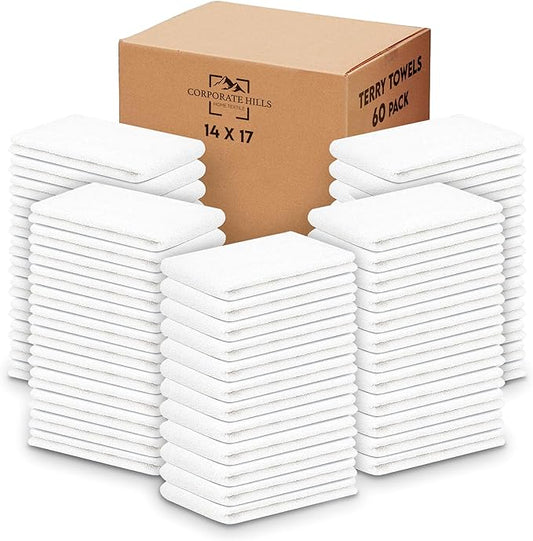 Terry Towels Pack of 120 (14" X 17" Inches) 100% Cotton Terry Barmop Towels - Absorbent & Durable Bar Rags, Multipurpose Cleaning Rags for Home, Automotive & Garage Cleaning Supplies (White)