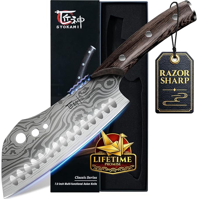 SYOKAMI Cleaver Chef Knife with Herb Stripper, 7" Asian Kitchen Knife 3-in-1 Combined with Chef's Knife, Santoku, Nakiri for Slicing, Chopping, Dicing, Mincing, Housewarming Birthday Cooking Gifts