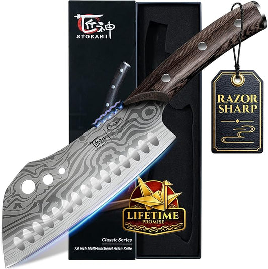 SYOKAMI Cleaver Chef Knife with Herb Stripper, 7" Asian Kitchen Knife 3-in-1 Combined with Chef's Knife, Santoku, Nakiri for Slicing, Chopping, Dicing, Mincing, Housewarming Birthday Cooking Gifts