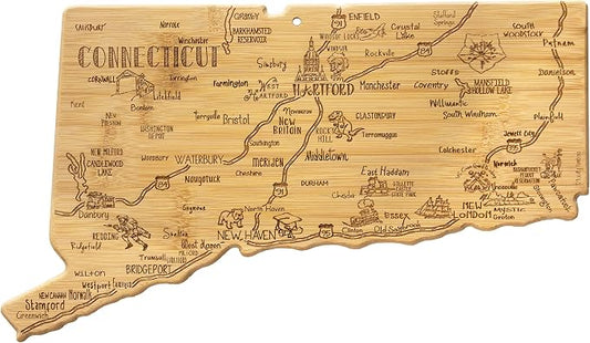 Totally Bamboo Destination Connecticut State Shaped Serving and Cutting Board, Includes Hang Tie for Wall Display