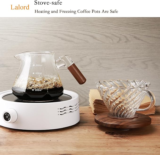 Lalord Pour Over Coffee Maker, 20 oz Borosilicate Glass Set with 100 pcs Paper Filter, Coffee Dripper with Walnut Collar, Coffee Pot with Glass Lid, 1-3 Cups, Clear, (600 ml)