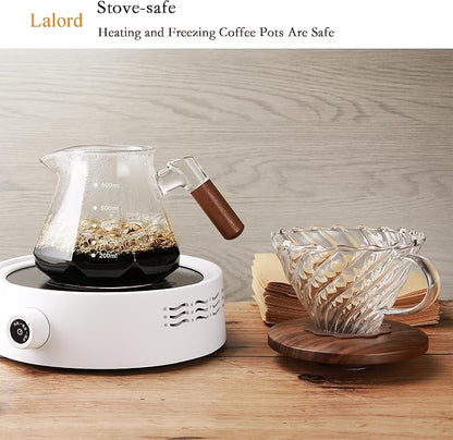 Lalord Pour Over Coffee Maker, 20 oz Borosilicate Glass Set with 100 pcs Paper Filter, Coffee Dripper with Walnut Collar, Coffee Pot with Glass Lid, 1-3 Cups, Clear, (600 ml)