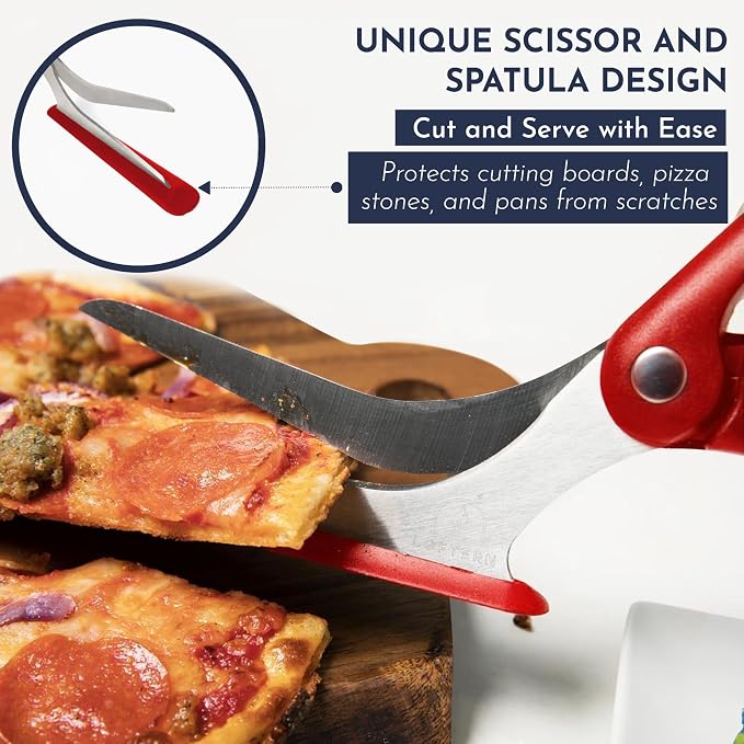 Red Pizza Scissors - Non-Stick Pizza Scissors with Firm Grip Base - Food Grade Stainless Steel Pizza Cutter - 5-in-1 Food Slicer & Pizza Server - Durable, Safe & Mess Free
