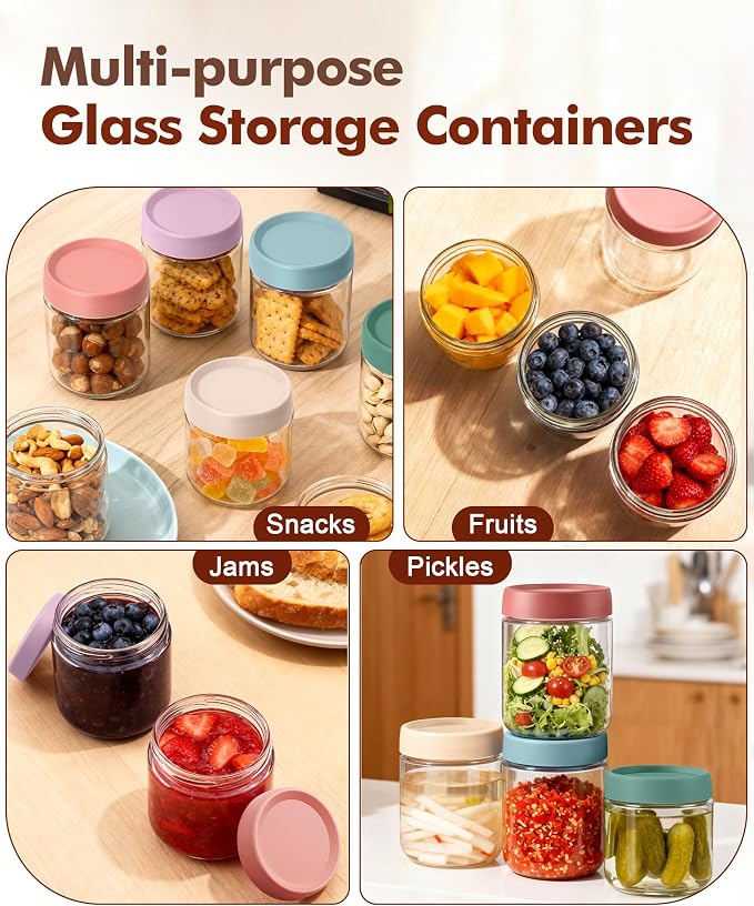 6 pack 10 oz Overnight Oats Containers with Lids and Spoons Glass Jars with Airtight Lids: Wide Mouth Mason Salad Jars, Leakproof and Reusable Glass Food Storage Container for Yogurt Snacks Spice