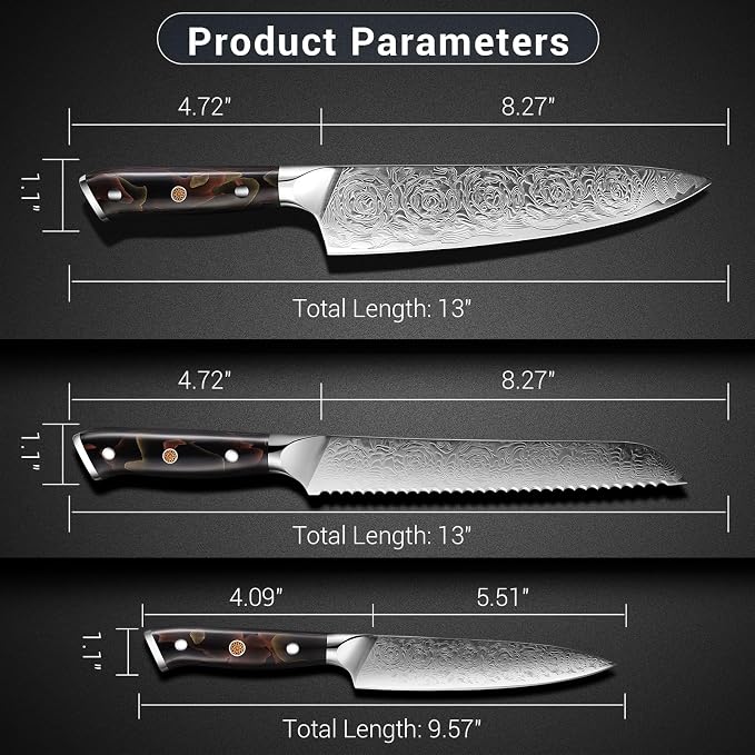Damascus Kitchen Knife Set，3PCS Japanese Knife,High Carbon Steel Core, Ergonomic Resin Handle,Holiday Gifts,New Home Essentials, Apartment Essentials, Dishwasher Safe