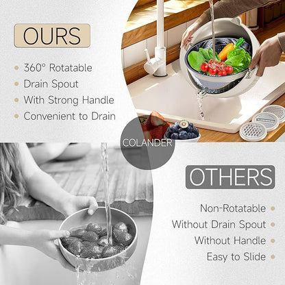 4-1 Colander with Bowl & Spoons Set - Rotatable Colander for kitchen with New Upgraded Graters, Food Strainer(Patented) for Pasta, Fruits, Vegetables, Funny Presents for Women, Beige