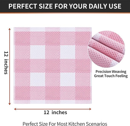 Homaxy 100% Cotton Waffle Weave Check Plaid Dish Cloths, 12 x 12 Inches, Super Soft and Absorbent Dish Towels Quick Drying Dish Rags, 6-Pack, White & Pink